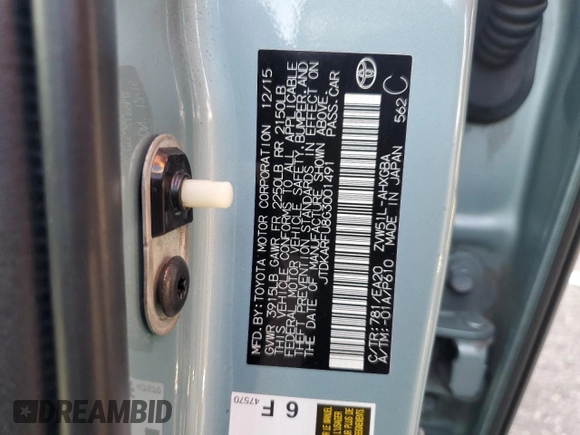 2016 Toyota Prius Four with VIN JTDKARFU8G3001491, listed as a Copart auction lot 45799505 with 95,772 mi miles and Salvage Title. Bid and sale history available at DreamBid. Image 12.