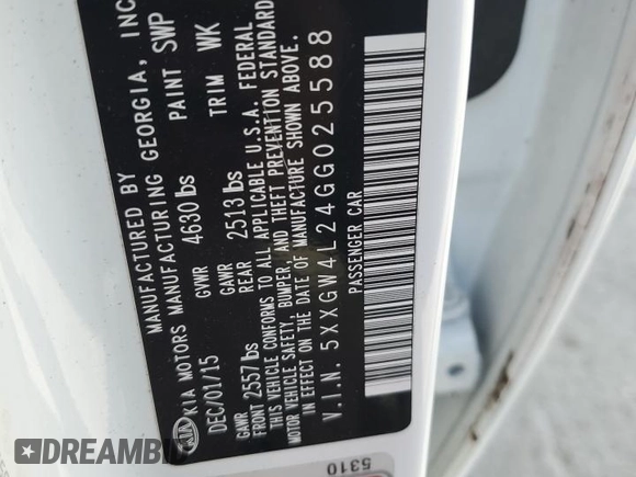 2016 Kia Optima SX Turbo with VIN 5XXGW4L24GG025588, listed as a Copart auction lot 54374135 with 109,005 mi miles and Salvage title. Bid and sale history available at DreamBid. Image 12.