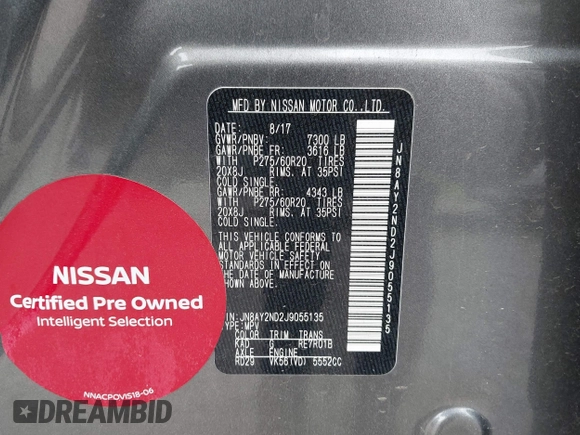 2018 Nissan Armada Platinum with VIN JN8AY2ND2J9055135, listed as a IAAI auction lot 41969418 with 84,851 mi miles. Bid and sale history available at carsss.com. Image 9.
