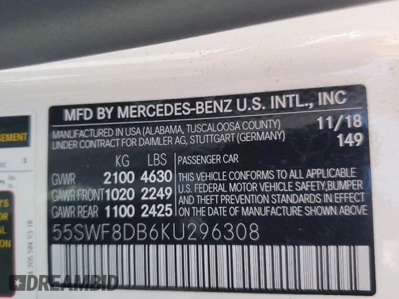 2019 Mercedes-Benz C 300 with VIN 55SWF8DB6KU296308, listed as a Copart auction lot 59987475 with 52,187 mi miles and Salvage title. Bid and sale history available at DreamBid. Image 12.