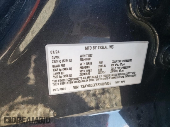 2024 Tesla Model Y Long Range with VIN 7SAYGDEE8RF002655, listed as a Copart auction lot 46422325 with 7,943 mi miles and Salvage Title. Bid and sale history available at DreamBid. Image 16.