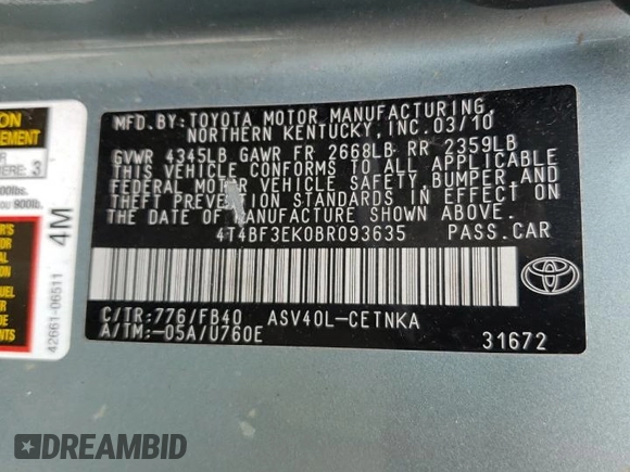 2011 Toyota Camry LE with VIN 4T4BF3EK0BR093635, listed as a Copart auction lot 58874745 with 203,393 mi miles and Clean title. Bid and sale history available at DreamBid. Image 13.