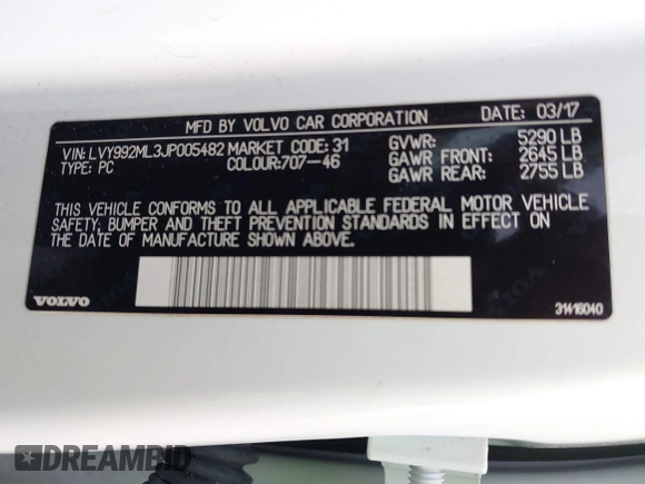 2018 Volvo S90 Inscription with VIN LVY992ML3JP005482, listed as a IAAI auction lot 41966556 with 136,908 mi miles. Bid and sale history available at carsss.com. Image 9.