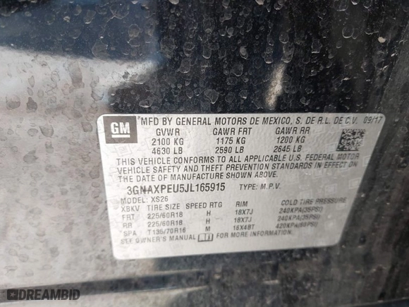 2018 Chevrolet Equinox Premier with VIN 3GNAXPEU5JL165915, listed as a IAAI auction lot 41597476 with 71,495 mi miles. Bid and sale history available at carsss.com. Image 9.
