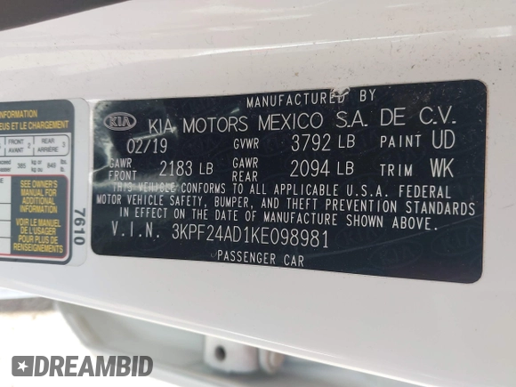 2019 Kia Forte LXS with VIN 3KPF24AD1KE098981, listed as a IAAI auction lot 41801267 with 53,055 mi miles. Bid and sale history available at carsss.com. Image 9.