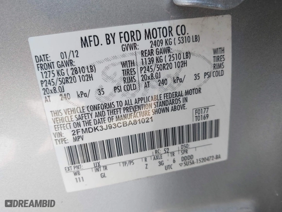 2012 Ford Edge SEL with VIN 2FMDK3J93CBA81021, listed as a IAAI auction lot 42004650 with 198,774 mi miles. Bid and sale history available at carsss.com. Image 9.