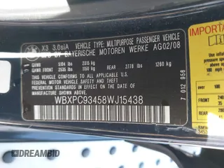 2008 BMW X3 3.0si z VIN WBXPC93458WJ15438, wystawiony jako IAAI lot #42203144 z przebiegiem 91 203 mil mil oraz . Historia ofert i sprzedaży dostępna na DreamBid. Obrazek 9.