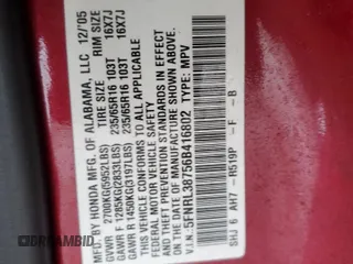 2006 Honda Odyssey EX-L z VIN 5FNRL38756B416802, wystawiony jako Copart lot #57588515 z przebiegiem 169 093 mil mil oraz Szkoda całkowita • Salvage title. Historia ofert i sprzedaży dostępna na DreamBid. Obrazek 13.