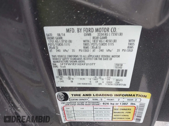 2014 Ford F-150 XL with VIN 1FTFW1EFXEKF21377, listed as a IAAI auction lot 42133053 with 99,924 mi miles and . Bid and sale history available at DreamBid. Image 9.