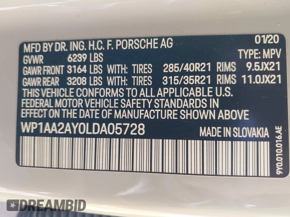 2020 Porsche Cayenne z VIN WP1AA2AY0LDA05728, wystawiony jako IAAI lot #41485296 z przebiegiem Nie podano mil oraz . Historia ofert i sprzedaży dostępna na DreamBid. Obrazek 9.