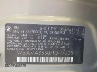 2007 BMW 3 Series 328i with VIN WBAVA33507KX74238, listed as a Copart auction lot 55160195 with Not provided miles and Salvage title. Bid and sale history available at DreamBid. Image 12.