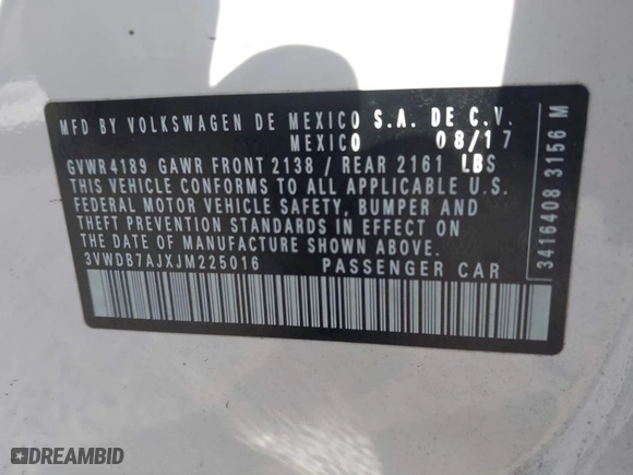 2018 Volkswagen Jetta 1.4T SE with VIN 3VWDB7AJXJM225016, listed as a IAAI auction lot 41309884 with 57,773 mi miles. Bid and sale history available at carsss.com. Image 9.