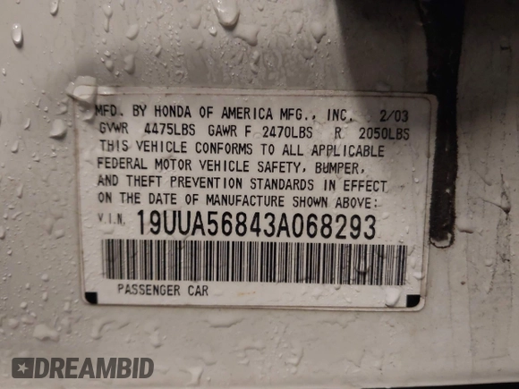 2003 Acura TL Type S with VIN 19UUA56843A068293, listed as a IAAI auction lot 41575370 with 237,018 mi miles. Bid and sale history available at carsss.com. Image 9.