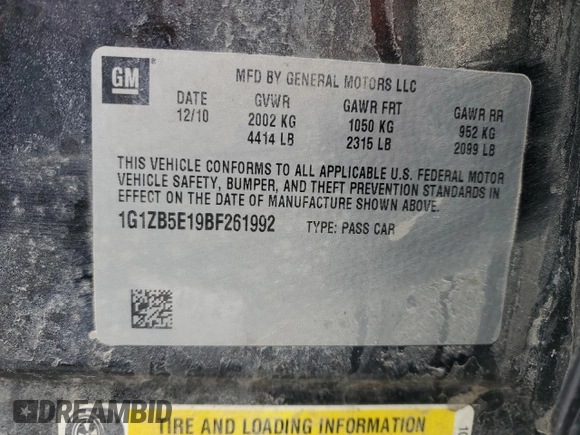 2011 Chevrolet Malibu 1LS with VIN 1G1ZB5E19BF261992, listed as a Copart auction lot 46460785 with 150,079 mi miles and Salvage Title. Bid and sale history available at DreamBid. Image 12.