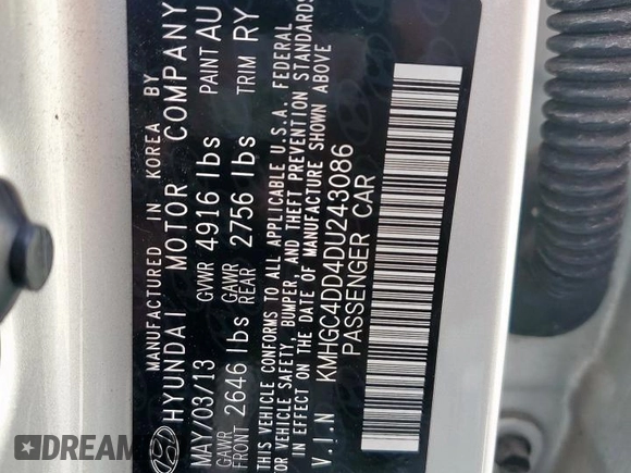 2013 Hyundai Genesis 3.8L with VIN KMHGC4DD4DU243086, listed as a Copart auction lot 60166675 with 95,471 mi miles and Salvage title. Bid and sale history available at DreamBid. Image 12.