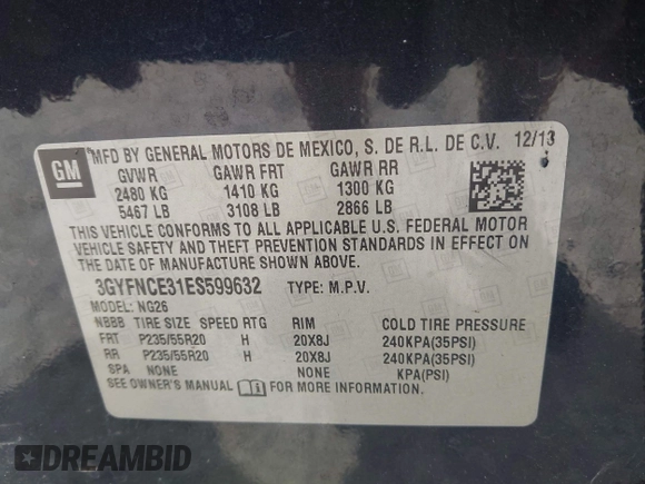 2014 Cadillac SRX Performance Collection with VIN 3GYFNCE31ES599632, listed as a IAAI auction lot 42757876 with Not provided miles and . Bid and sale history available at DreamBid. Image 9.