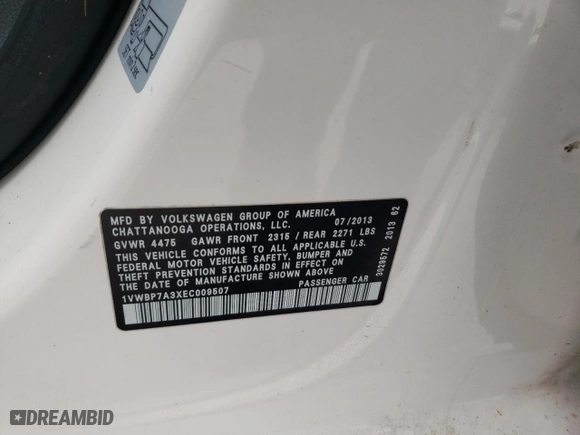 2014 Volkswagen Passat SE with VIN 1VWBP7A3XEC009507, listed as a Copart auction lot 84670454 with 0 mi miles and Salvage Title. Bid and sale history available at carsss.com. Image 13.