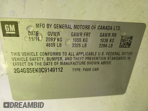 2012 Buick Regal Premium 1 with VIN 2G4GS5EK0C9149112, listed as a IAAI auction lot 41187250 with 94,852 mi miles. Bid and sale history available at carsss.com. Image 9.