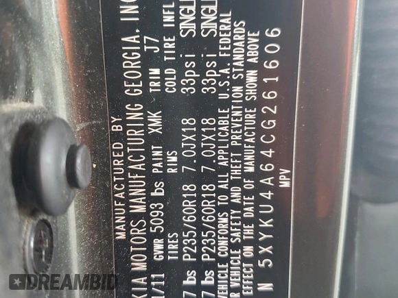 2012 Kia Sorento EX с VIN 5XYKU4A64CG261606, выставлен на аукционе Copart как лот 60863835 с пробегом 196 380 миль миль и Списание • Salvage title. История ставок и продаж доступна на DreamBid. Изображение 13.