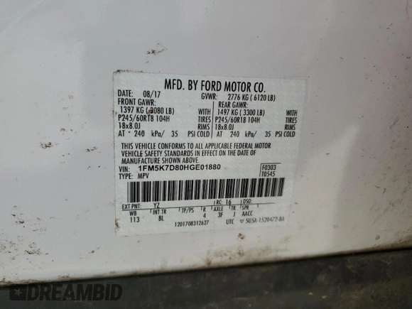 2017 Ford Explorer XLT z VIN 1FM5K7D80HGE01880, wystawiony jako Copart lot #65489154 z przebiegiem 150 815 mil mil oraz Szkoda całkowita • Salvage title. Historia ofert i sprzedaży dostępna na DreamBid. Obrazek 13.