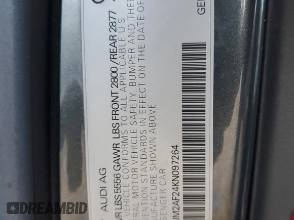 2019 Audi A6 Prestige with VIN WAUM2AF24KN097264, listed as a Copart auction lot 41529693 with 18,124 mi miles. Bid and sale history available at carsss.com. Image 12.