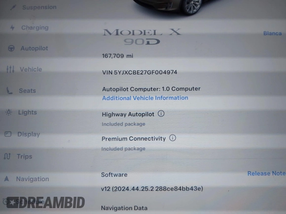 2016 Tesla Model X 70D with VIN 5YJXCBE27GF004974, listed as a IAAI auction lot 41630556 with 167,709 mi miles. Bid and sale history available at carsss.com. Image 7.