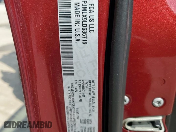 2020 Jeep Cherokee Altitude z VIN 1C4PJMLX9LD636716, wystawiony jako Copart lot #55208185 z przebiegiem 38 903 mil mil oraz Szkoda całkowita • Salvage title. Historia ofert i sprzedaży dostępna na DreamBid. Obrazek 14.