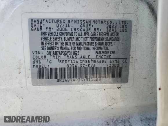 2016 Nissan Sentra SV with VIN 3N1AB7AP3GY311623, listed as a Copart auction lot 54971715 with 133,111 mi miles and Clean Title. Bid and sale history available at DreamBid. Image 12.