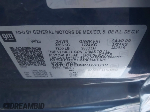 2023 GMC Sierra 1500 SLT z VIN 3GTUUDE89PG263119, wystawiony jako IAAI lot #41455629 z przebiegiem 25 629 mil mil oraz . Historia ofert i sprzedaży dostępna na DreamBid. Obrazek 9.