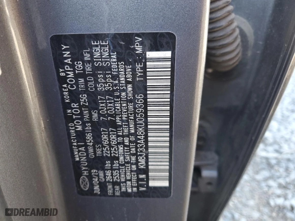 2019 Hyundai Tucson Value with VIN KM8J33A48KU059366, listed as a Copart auction lot 87610835 with 0 mi miles and Salvage Title. Bid and sale history available at carsss.com. Image 13.