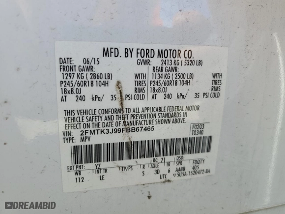 2015 Ford Edge SEL with VIN 2FMTK3J99FBB67465, listed as a Copart auction lot 48989905 with 147,840 mi miles and Salvage Title. Bid and sale history available at carsss.com. Image 13.
