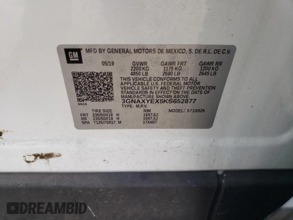 2019 Chevrolet Equinox Premier with VIN 3GNAXYEX5KS652877, listed as a Copart auction lot 44942465 with 162,662 mi miles and Salvage Title. Bid and sale history available at DreamBid. Image 15.