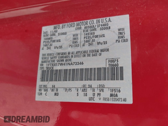 2001 Ford F-150 XL с VIN 1FTRX17W41NA73346, выставлен на аукционе IAAI как лот 42295439 с пробегом Не указан миль и . История ставок и продаж доступна на DreamBid. Изображение 9.
