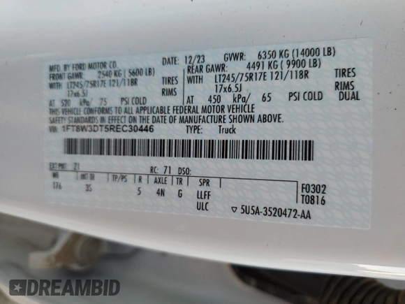 2024 Ford F-350 XL with VIN 1FT8W3DT5REC30446, listed as a Copart auction lot 88304145 with 23,260 mi miles and Salvage Title. Bid and sale history available at DreamBid. Image 12.