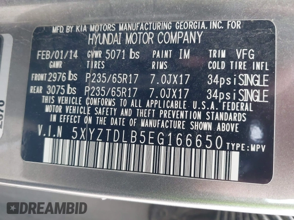 2014 Hyundai Santa Fe z VIN 5XYZTDLB5EG166650, wystawiony jako IAAI lot #41520847 z przebiegiem 197 250 mil mil oraz . Historia ofert i sprzedaży dostępna na DreamBid. Obrazek 9.