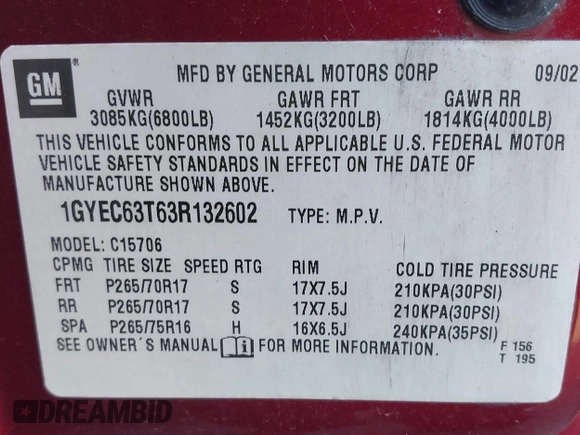 2003 Cadillac Escalade z VIN 1GYEC63T63R132602, wystawiony jako IAAI lot #41778576 z przebiegiem 242 443 mil mil oraz . Historia ofert i sprzedaży dostępna na DreamBid. Obrazek 9.