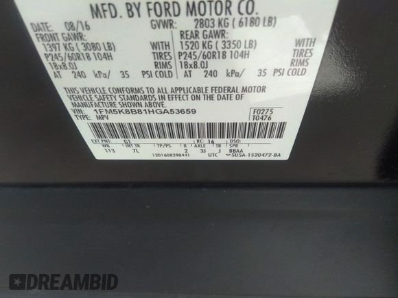 2017 Ford Explorer z VIN 1FM5K8B81HGA53659, wystawiony jako IAAI lot #36006432 z przebiegiem Nie podano mil oraz . Historia ofert i sprzedaży dostępna na DreamBid. Obrazek 9.