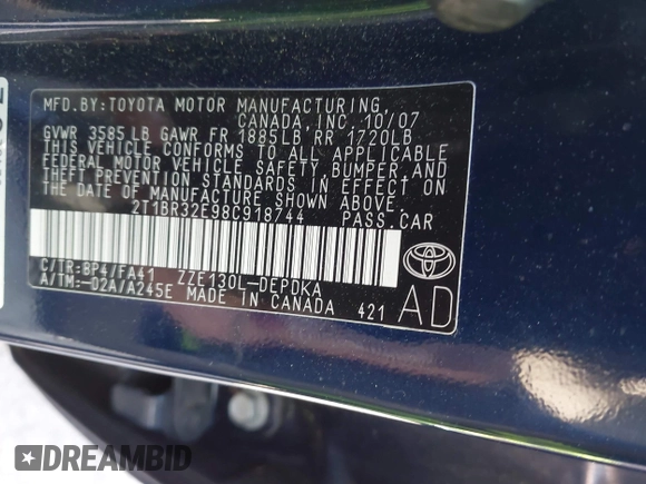 2008 Toyota Corolla CE with VIN 2T1BR32E98C918744, listed as a IAAI auction lot 41984605 with 150,611 mi miles and . Bid and sale history available at DreamBid. Image 9.