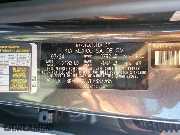 2024 Kia Forte LXS with VIN 3KPF24AD7RE837765, listed as a Copart auction lot 47356155 with 8,928 mi miles and Salvage Title. Bid and sale history available at DreamBid. Image 12.