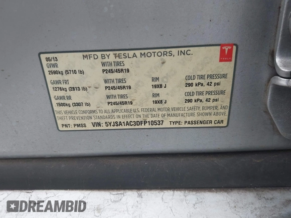 2013 Tesla Model S with VIN 5YJSA1AC3DFP10537, listed as a IAAI auction lot 40707549 with 103,111 mi miles and . Bid and sale history available at DreamBid. Image 9.