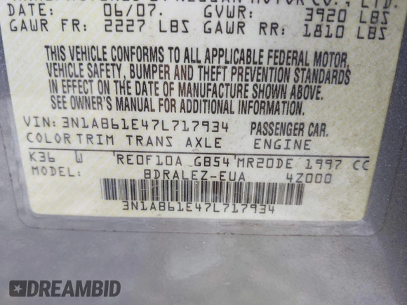 2007 Nissan Sentra S с VIN 3N1AB61E47L717934, выставлен на аукционе IAAI как лот 42387776 с пробегом 184 855 миль миль и . История ставок и продаж доступна на DreamBid. Изображение 9.