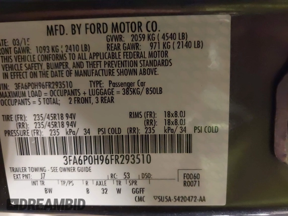 2015 Ford Fusion SE with VIN 3FA6P0H96FR293510, listed as a IAAI auction lot 41897900 with 76,744 mi miles and . Bid and sale history available at carsss.com. Image 9.