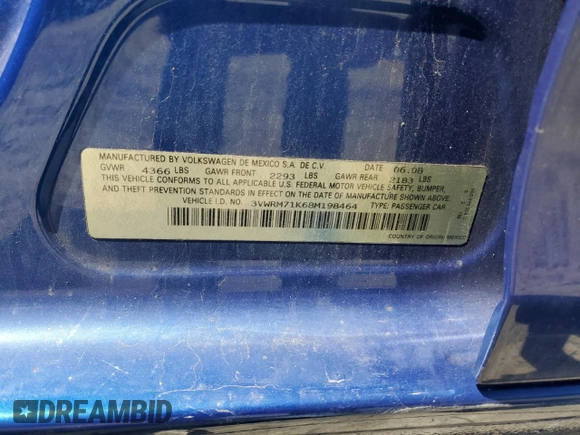 2008 Volkswagen Jetta SE with VIN 3VWRM71K68M198464, listed as a Copart auction lot 56947575 with 135,970 mi miles and Salvage title. Bid and sale history available at DreamBid. Image 12.