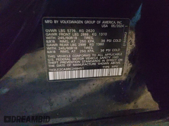 2024 Volkswagen Atlas SE with VIN 1V2LE2CA9RC248451, listed as a Copart auction lot 45288595 with 14,541 mi miles and Clean title. Bid and sale history available at DreamBid. Image 14.