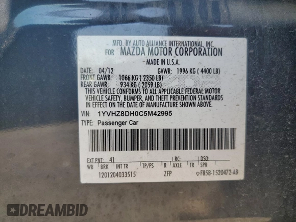 2012 Mazda 6 i Touring with VIN 1YVHZ8DH0C5M42995, listed as a Copart auction lot 63981925 with 99,818 mi miles and Salvage title. Bid and sale history available at DreamBid. Image 12.