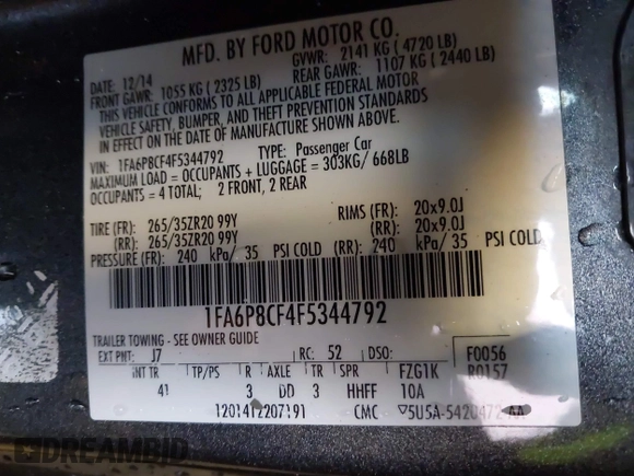 2015 Ford Mustang GT with VIN 1FA6P8CF4F5344792, listed as a IAAI auction lot 41354448 with 103,017 mi miles and . Bid and sale history available at carsss.com. Image 9.