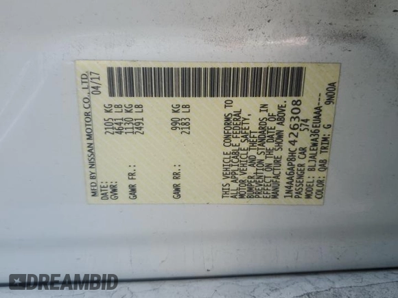 2017 Nissan Maxima SV with VIN 1N4AA6AP8HC426308, listed as a Copart auction lot 49900155 with 105,638 mi miles and Salvage Title. Bid and sale history available at DreamBid. Image 12.