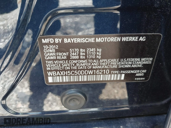 2013 BMW 5 Series 528i xDrive z VIN WBAXH5C50DDW16210, wystawiony jako IAAI lot #42369339 z przebiegiem 125 917 mil mil oraz . Historia ofert i sprzedaży dostępna na DreamBid. Obrazek 9.