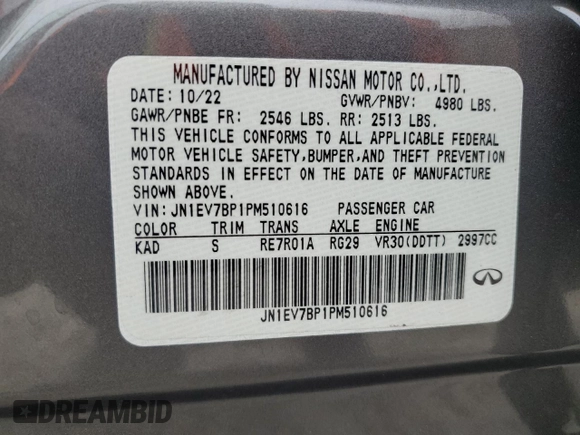 2023 Infiniti Q50 Luxe with VIN JN1EV7BP1PM510616, listed as a Copart auction lot 42381345 with 7,611 mi miles and Non Repairable. Bid and sale history available at DreamBid. Image 12.