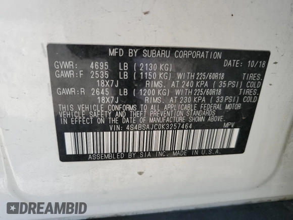 2019 Subaru Outback Limited with VIN 4S4BSAJC0K3257464, listed as a Copart auction lot 54972885 with Not Provided miles and Salvage Title. Bid and sale history available at DreamBid. Image 12.